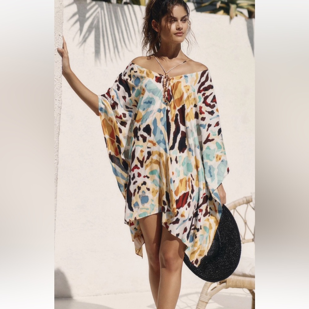 Anthropologie animal print swim coverup straps beaded SMALL MEDIUM P cream blue